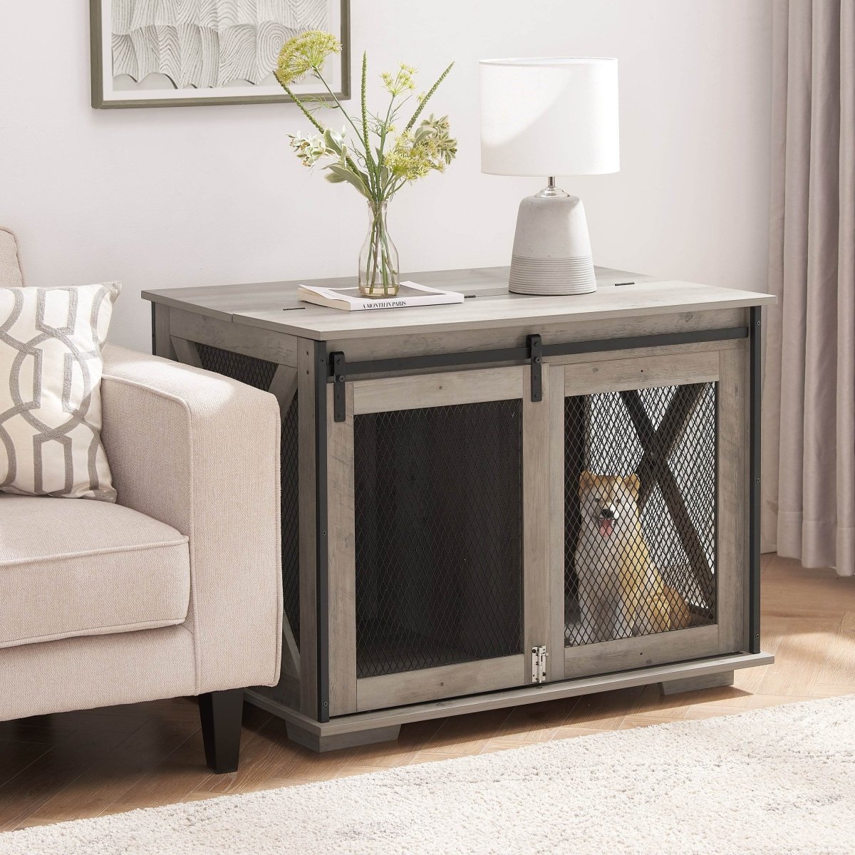 Farmhouse Wooden Dog Crate Furniture With Sliding Door - Sleep Galleria
