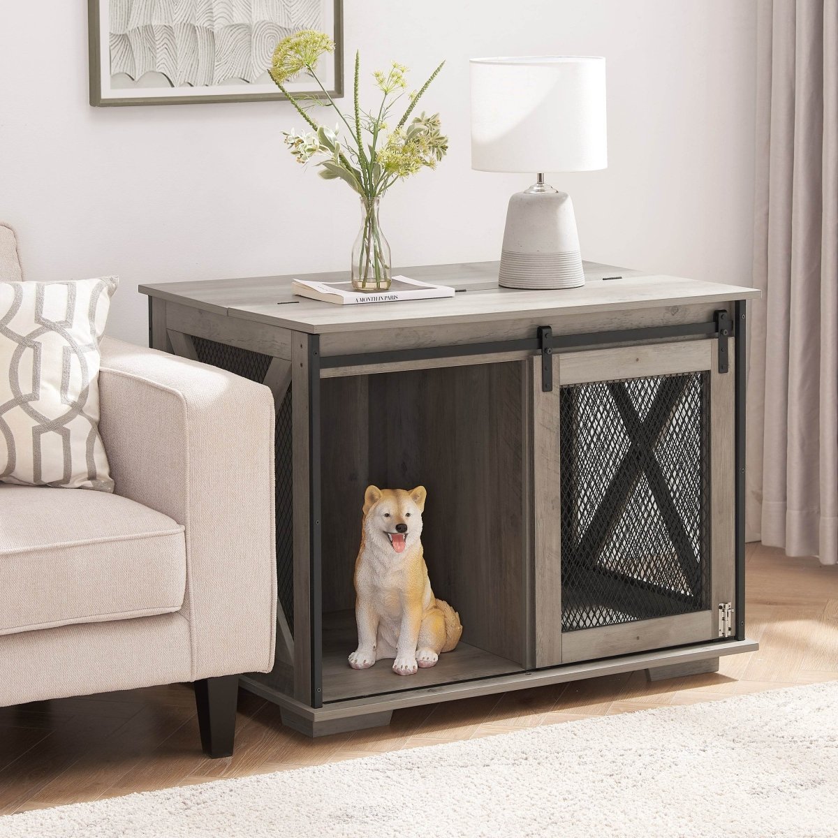 Farmhouse Wooden Dog Crate Furniture With Sliding Door - Sleep Galleria