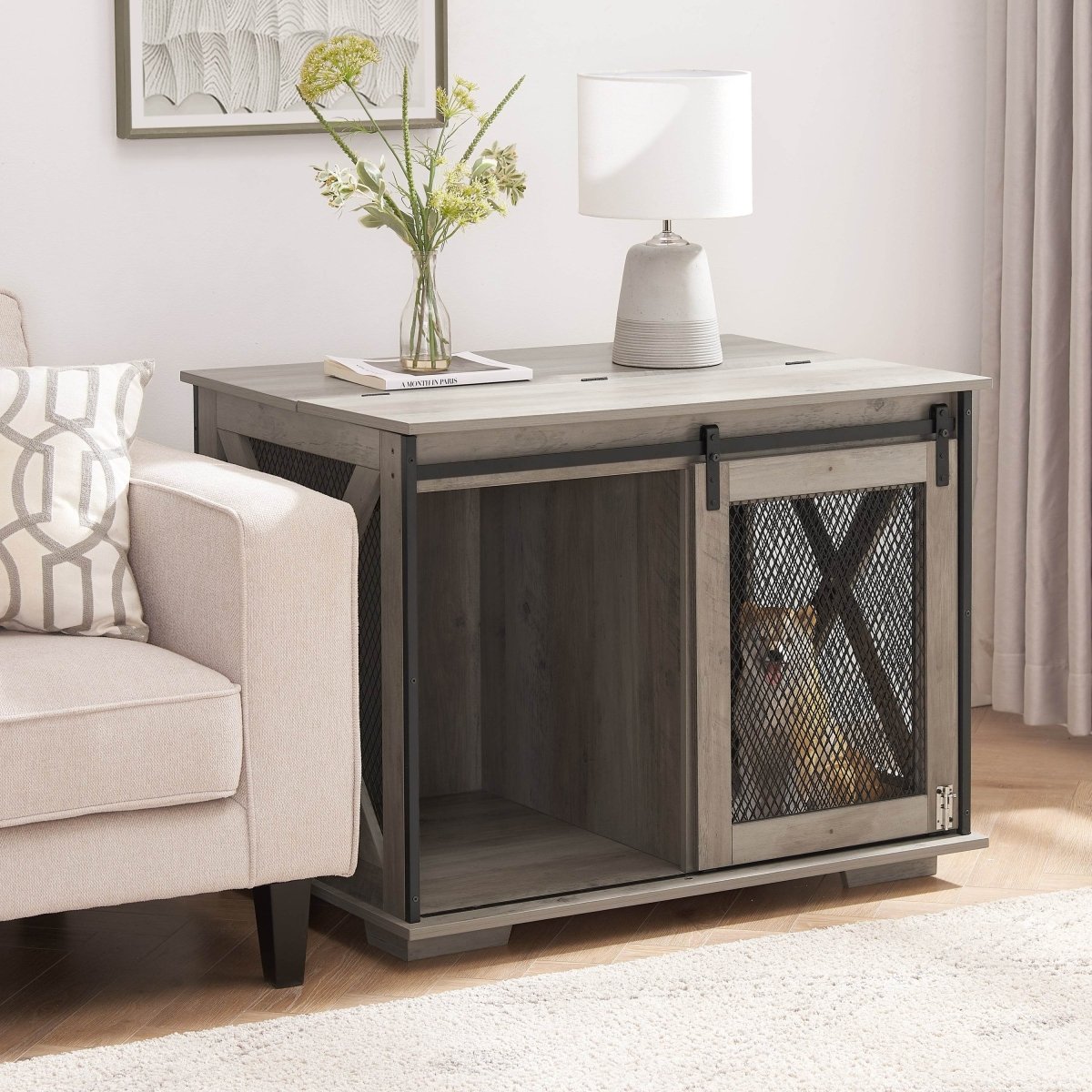 Farmhouse Wooden Dog Crate Furniture With Sliding Door - Sleep Galleria