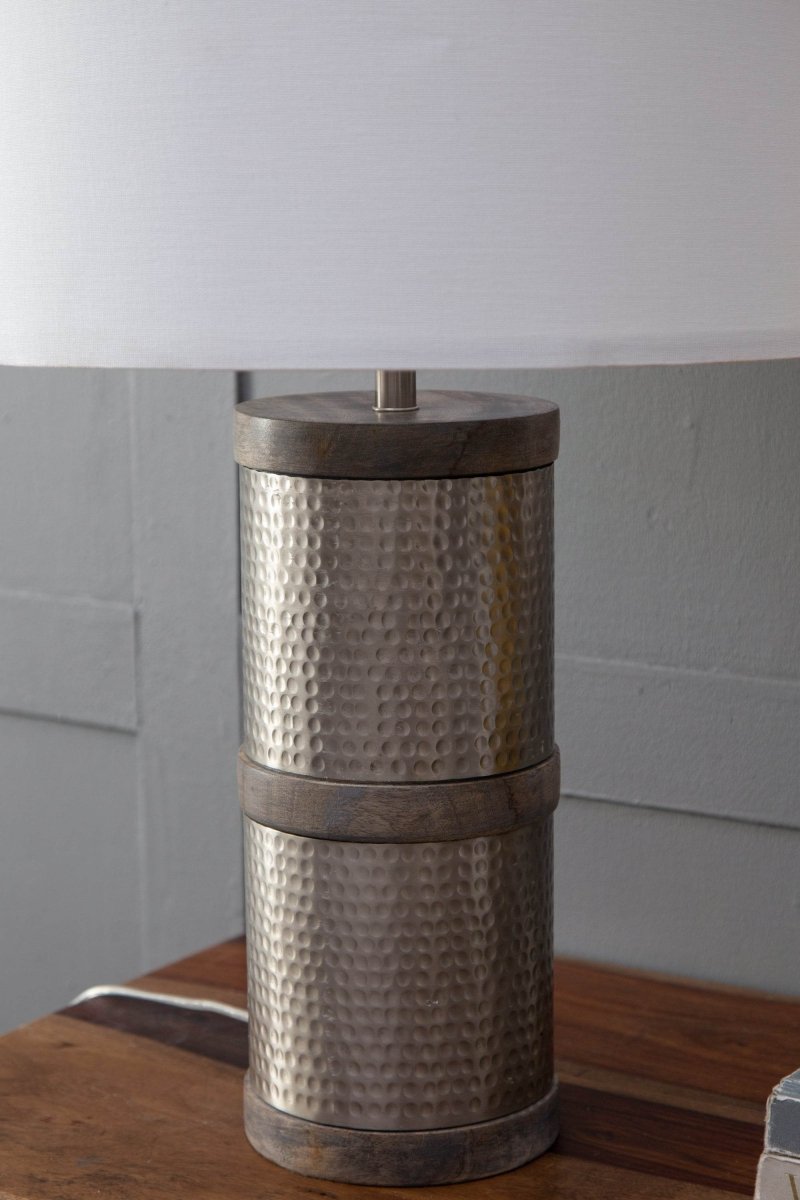 Hammered Iron Mango Wood Fabric Drum Table Lamp - Sleep Galleria