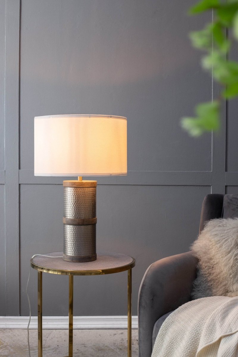 Hammered Iron Mango Wood Fabric Drum Table Lamp - Sleep Galleria