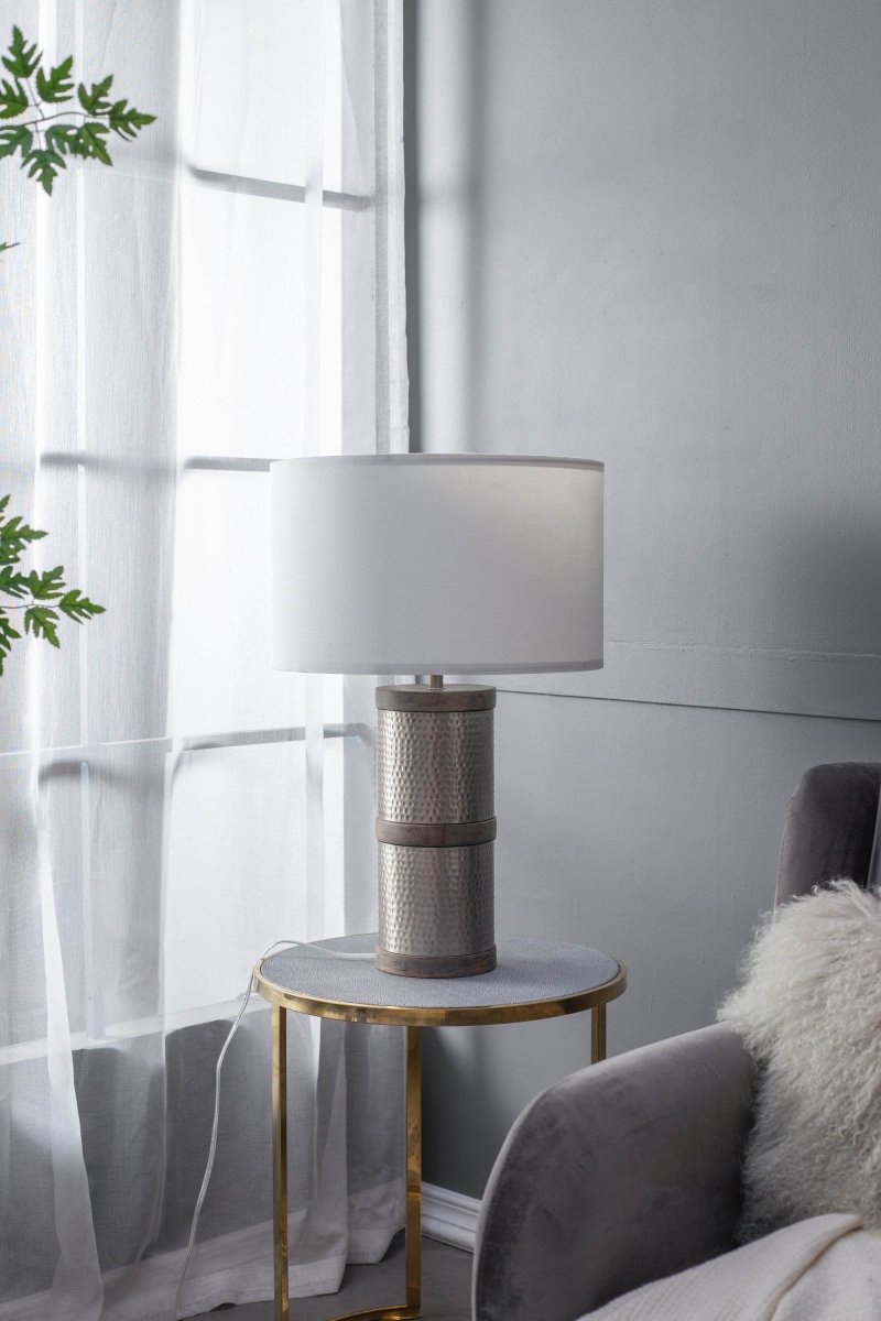 Hammered Iron Mango Wood Fabric Drum Table Lamp - Sleep Galleria