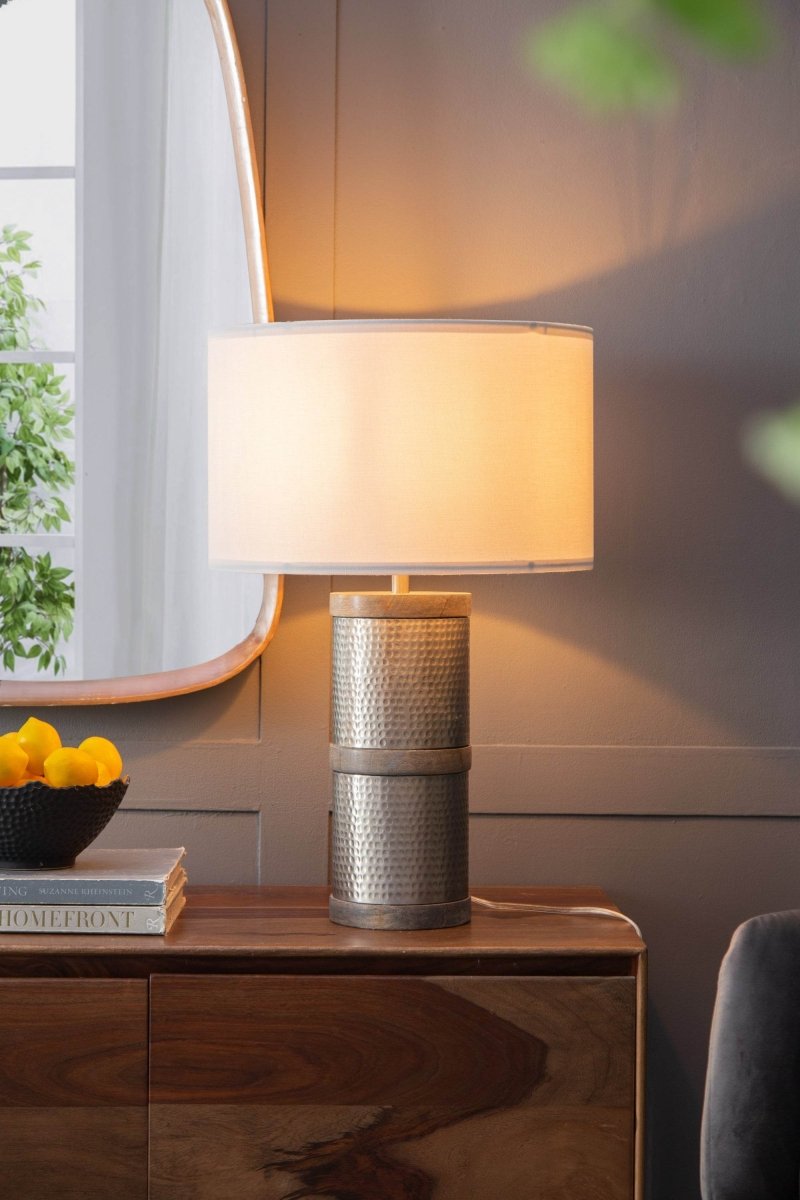 Hammered Iron Mango Wood Fabric Drum Table Lamp - Sleep Galleria