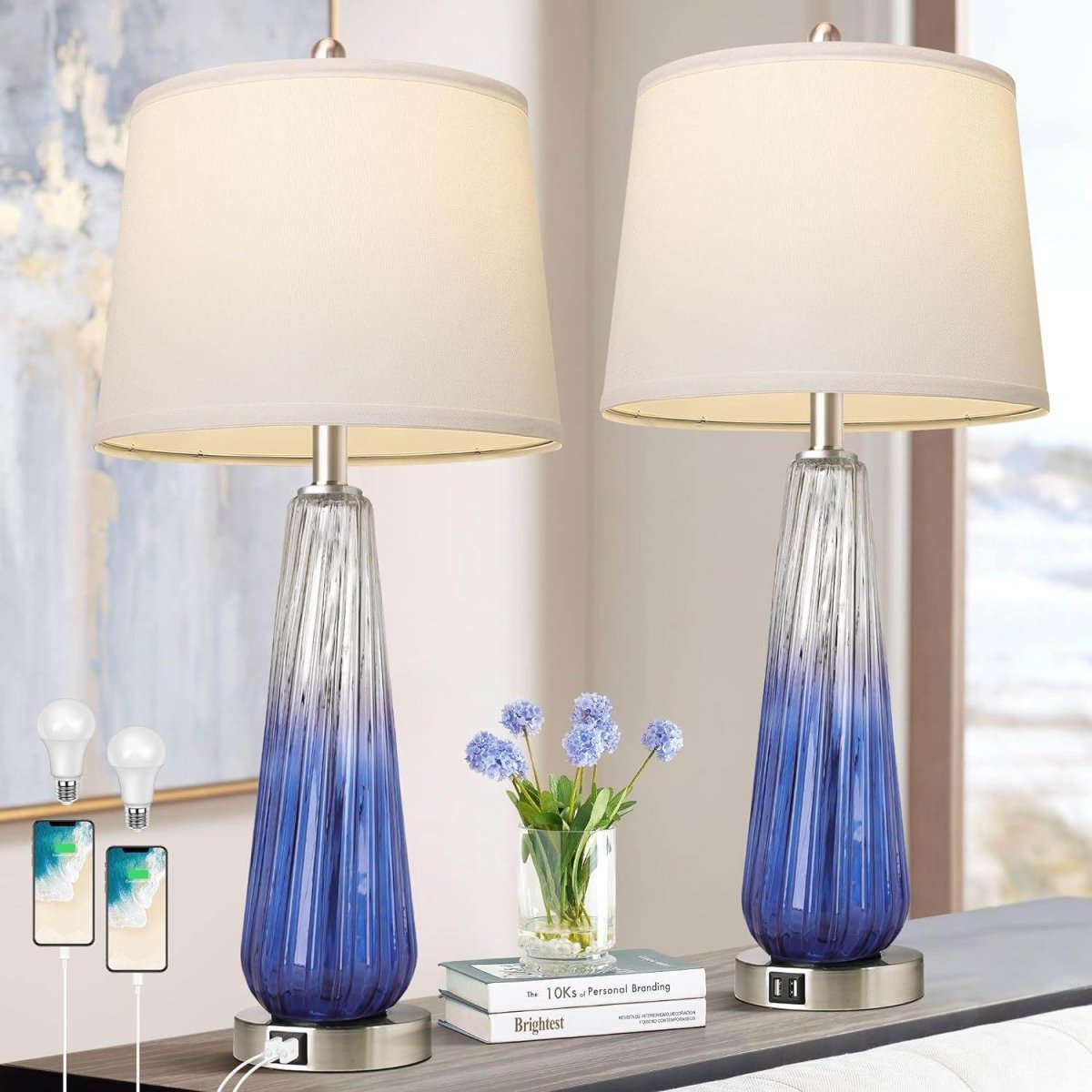 Set Of 2 Modern Glass Table Lamps With USB Ports - Sleep Galleria