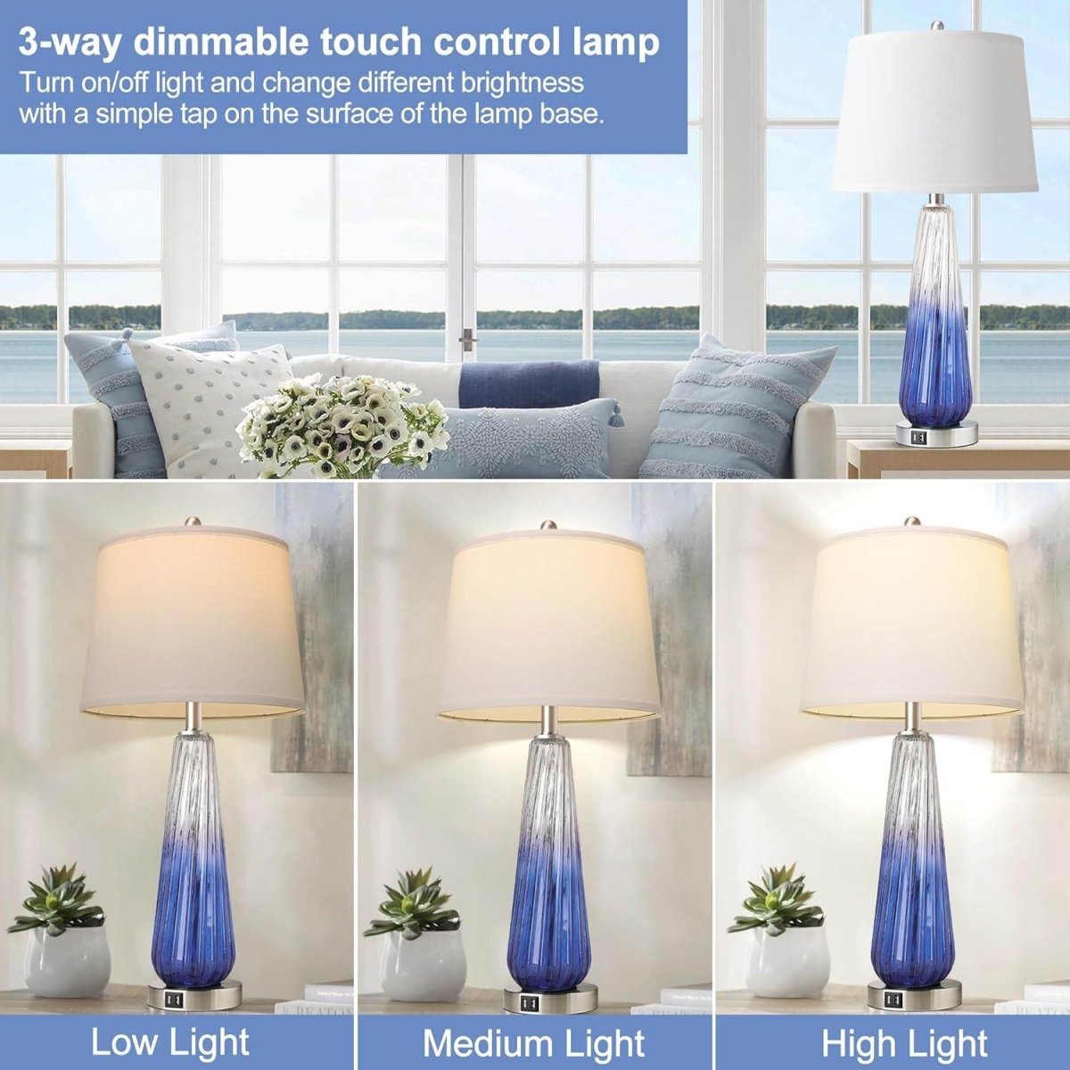 Set Of 2 Modern Glass Table Lamps With USB Ports - Sleep Galleria
