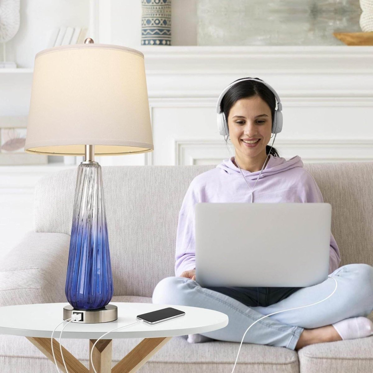 Set Of 2 Modern Glass Table Lamps With USB Ports - Sleep Galleria