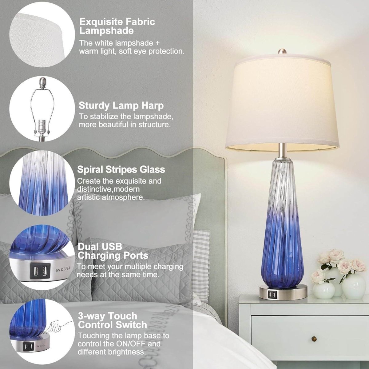 Set Of 2 Modern Glass Table Lamps With USB Ports - Sleep Galleria