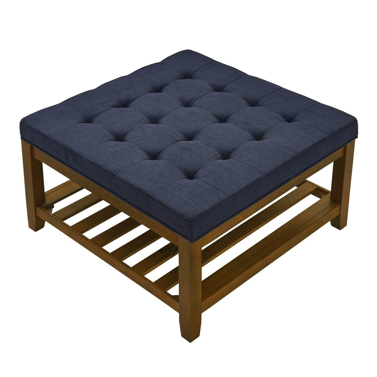 Tufted Linen Square Ottoman With Beech Wood Shelf - Omega Lifestyles