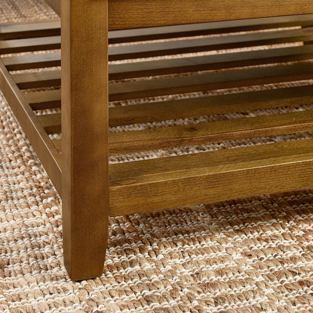 Tufted Linen Square Ottoman With Beech Wood Shelf - Omega Lifestyles