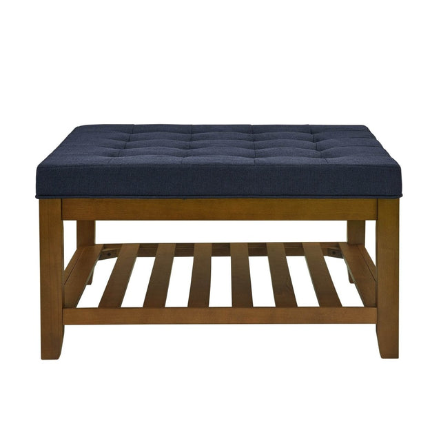 Tufted Linen Square Ottoman With Beech Wood Shelf - Omega Lifestyles