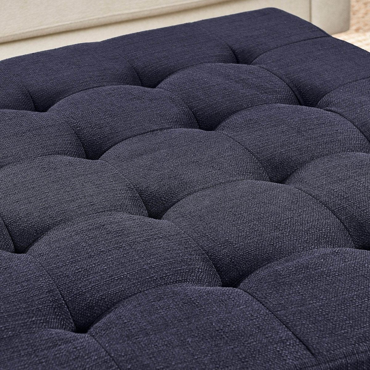 Tufted Linen Square Ottoman With Beech Wood Shelf - Omega Lifestyles