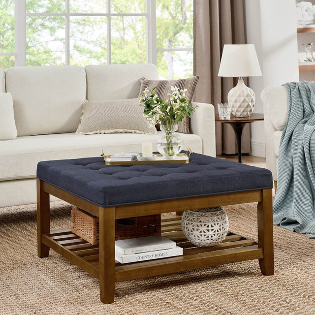 Tufted Linen Square Ottoman With Beech Wood Shelf - Omega Lifestyles