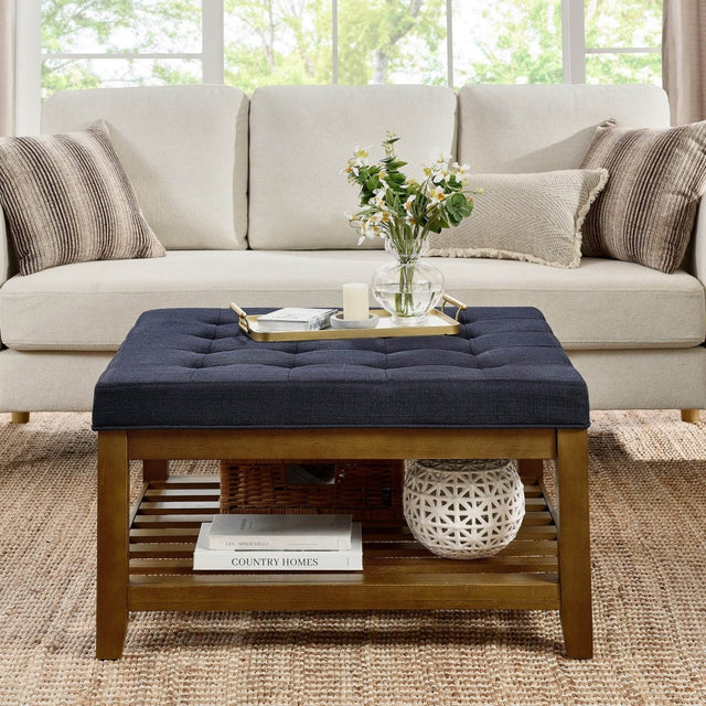 Tufted Linen Square Ottoman With Beech Wood Shelf - Omega Lifestyles