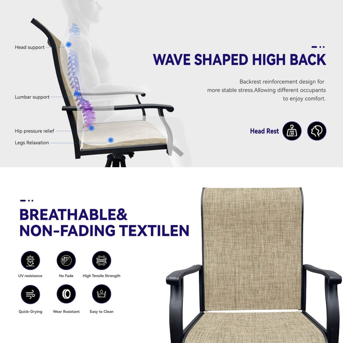 2 - Piece Outdoor Modern Textilene Swivel Patio Chairs - Restanew - Omega Lifestyles