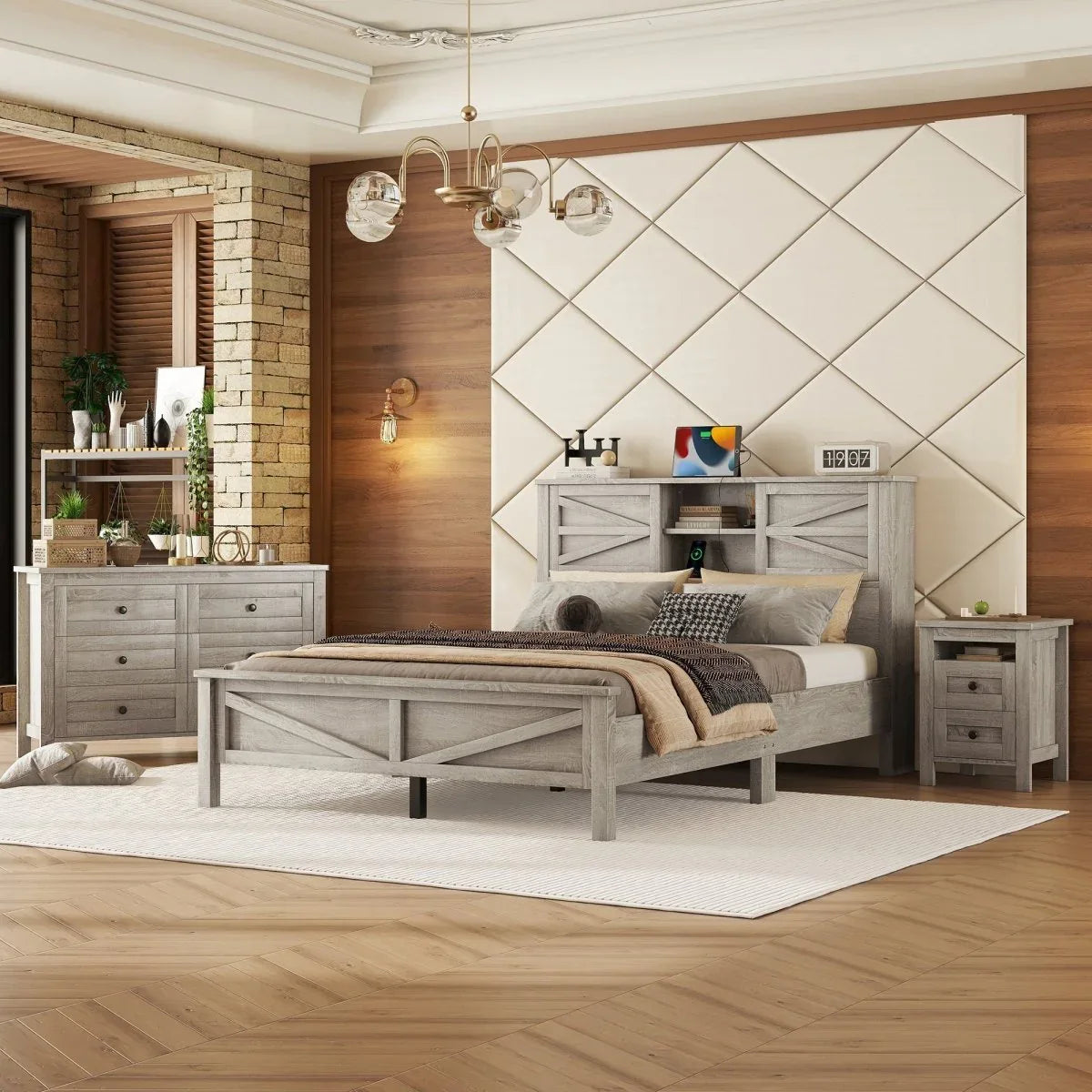 3-Piece Queen Antique Gray Farmhouse Platform Bed Set - Omega Lifestyles