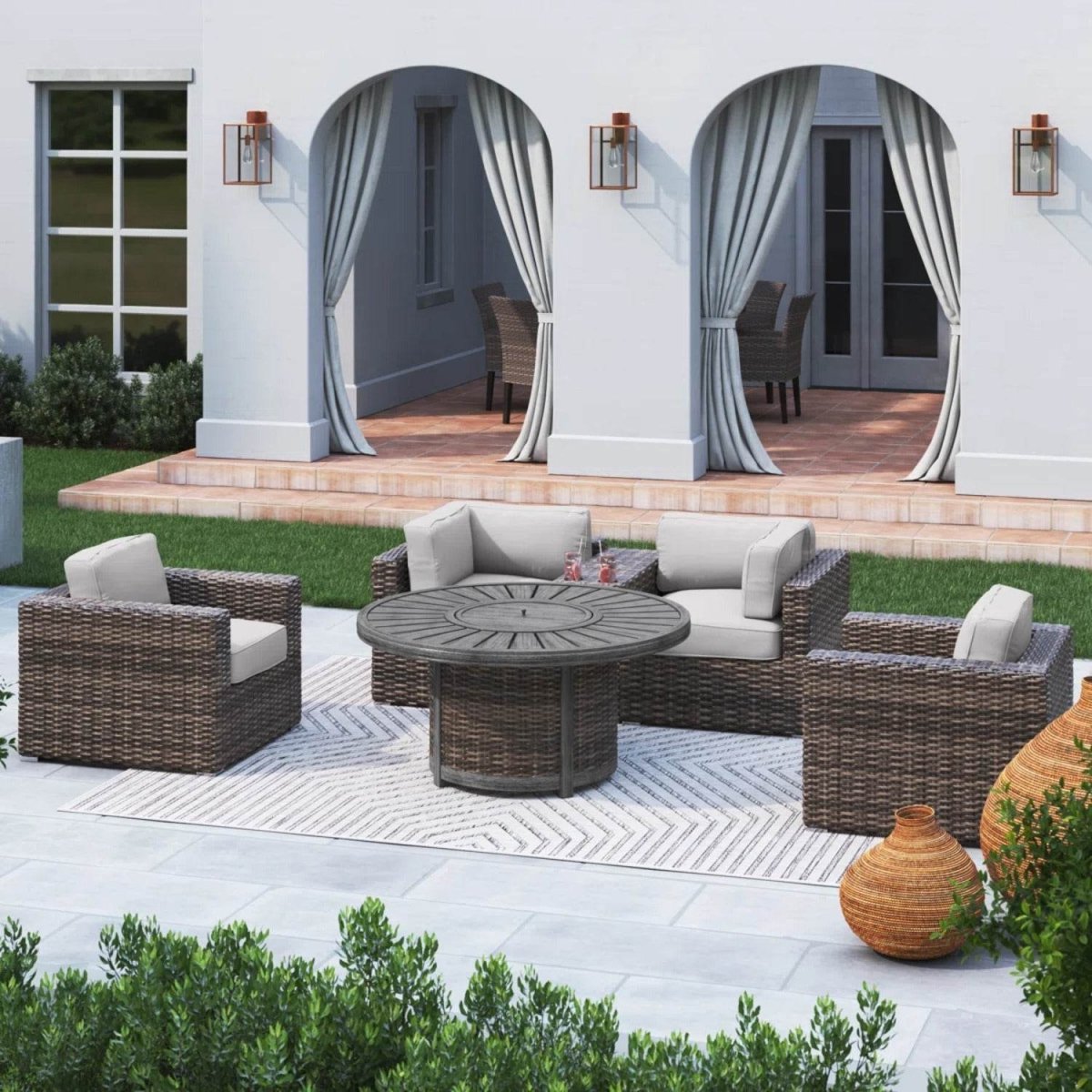 6 - Piece HDPE Wicker Outdoor Patio Seating Group With Fire Pit - Restanew - Omega Lifestyles