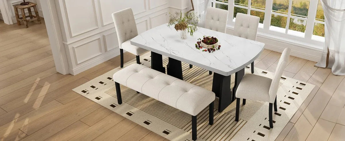 6 Piece Modern Faux Marble Dining Table Set With Bench - Omega Lifestyles