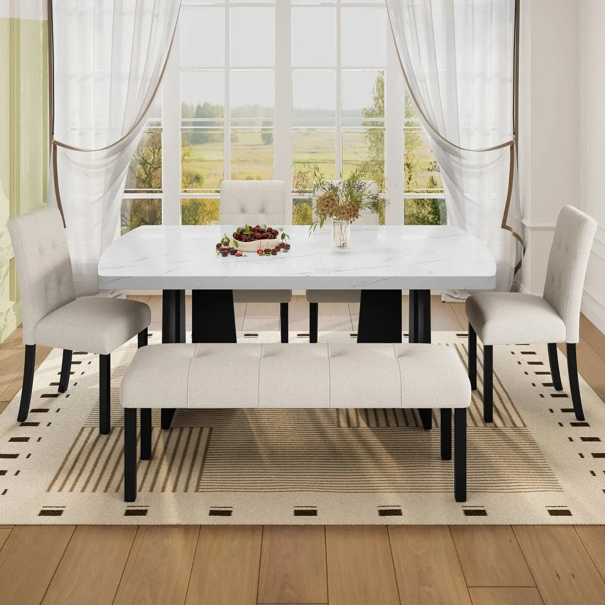 6 Piece Modern Faux Marble Dining Table Set With Bench - Omega Lifestyles