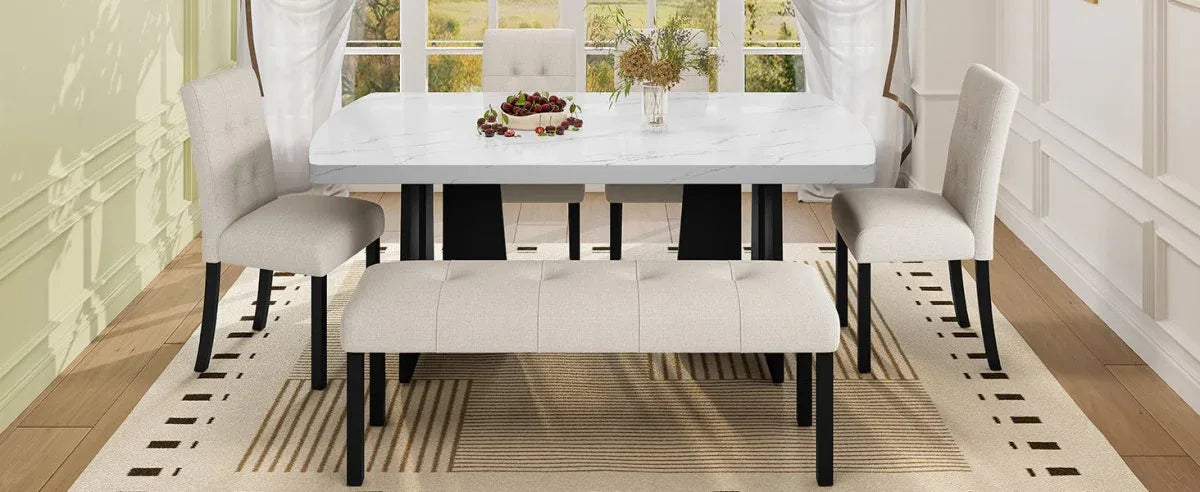 6 Piece Modern Faux Marble Dining Table Set With Bench - Omega Lifestyles