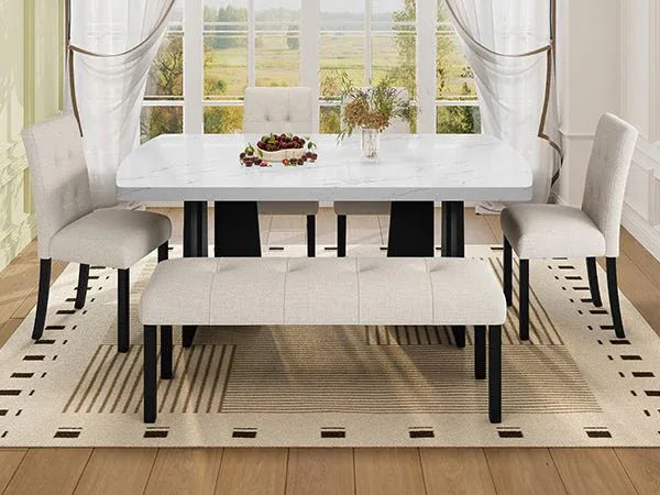 6 Piece Modern Faux Marble Dining Table Set With Bench - Omega Lifestyles