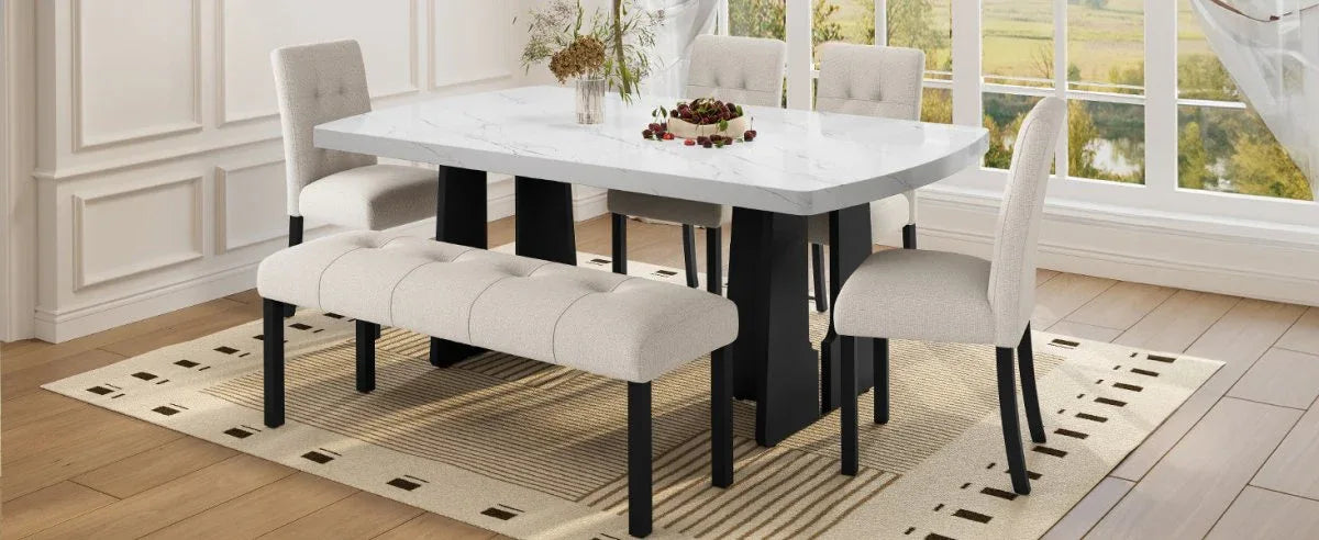 6 Piece Modern Faux Marble Dining Table Set With Bench - Omega Lifestyles