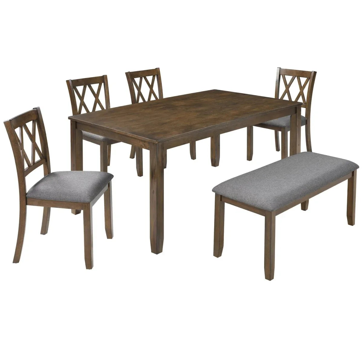 6-Piece Walnut Wooden Dining Table Set With Chairs And Bench - Omega Lifestyles
