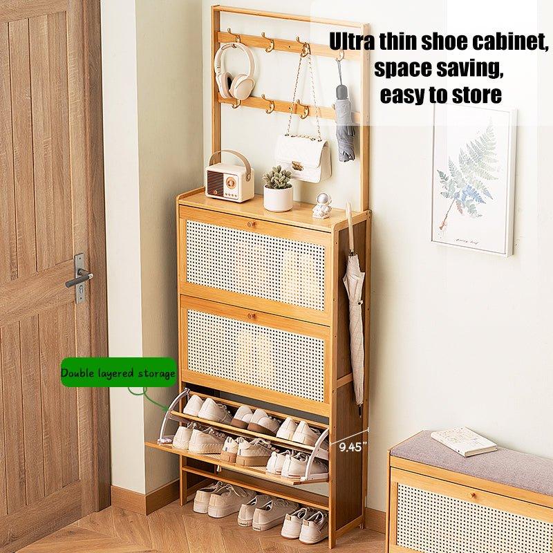 Bamboo Shoe Cabinet With 3 Rattan Flip Drawers - Omega Lifestyles