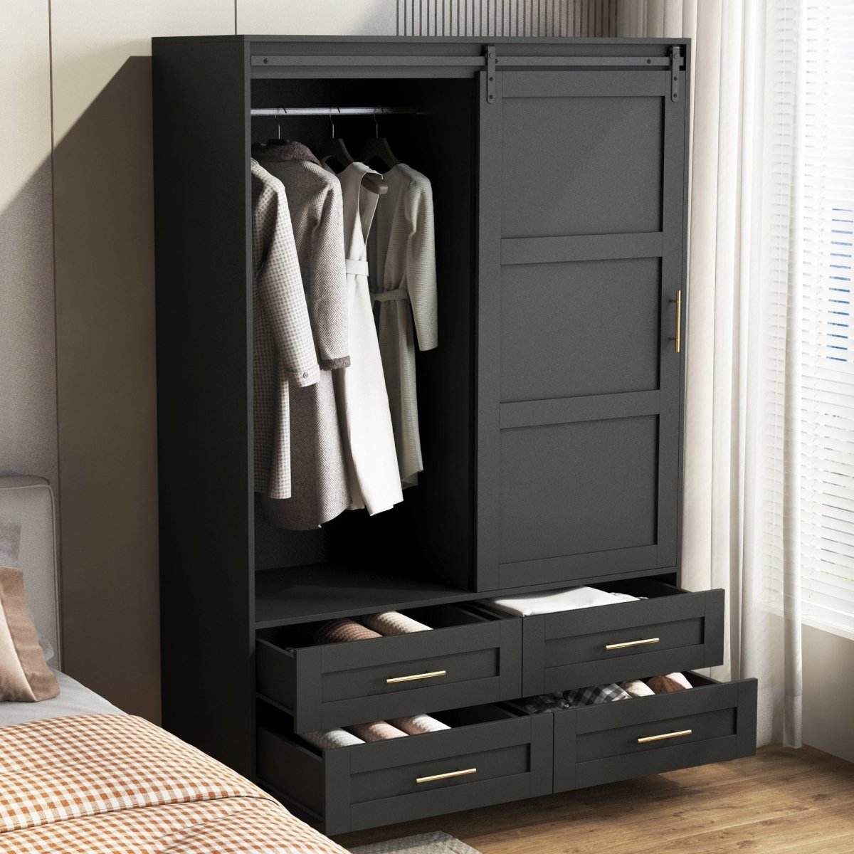 Black MDF Sliding Barn Door Armoire Wardrobe Cabinet - Sleep Galleria