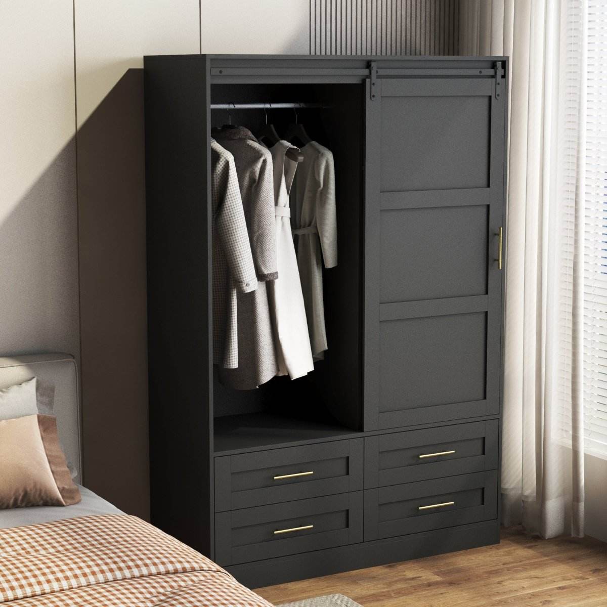 Black MDF Sliding Barn Door Armoire Wardrobe Cabinet - Sleep Galleria