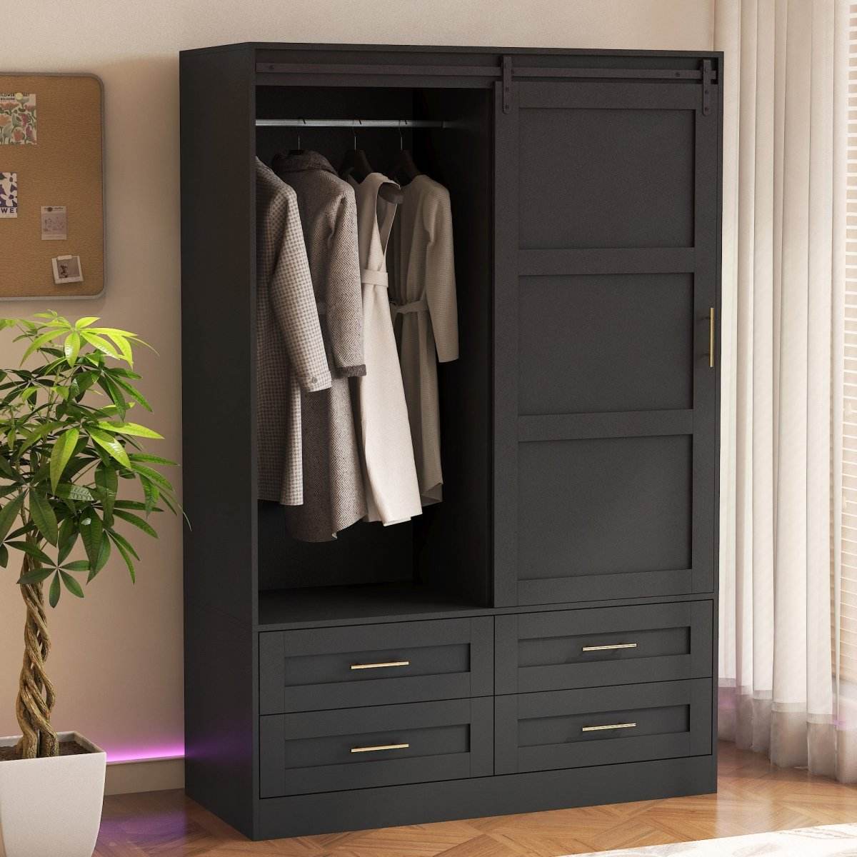 Black MDF Sliding Barn Door Armoire Wardrobe Cabinet - Sleep Galleria