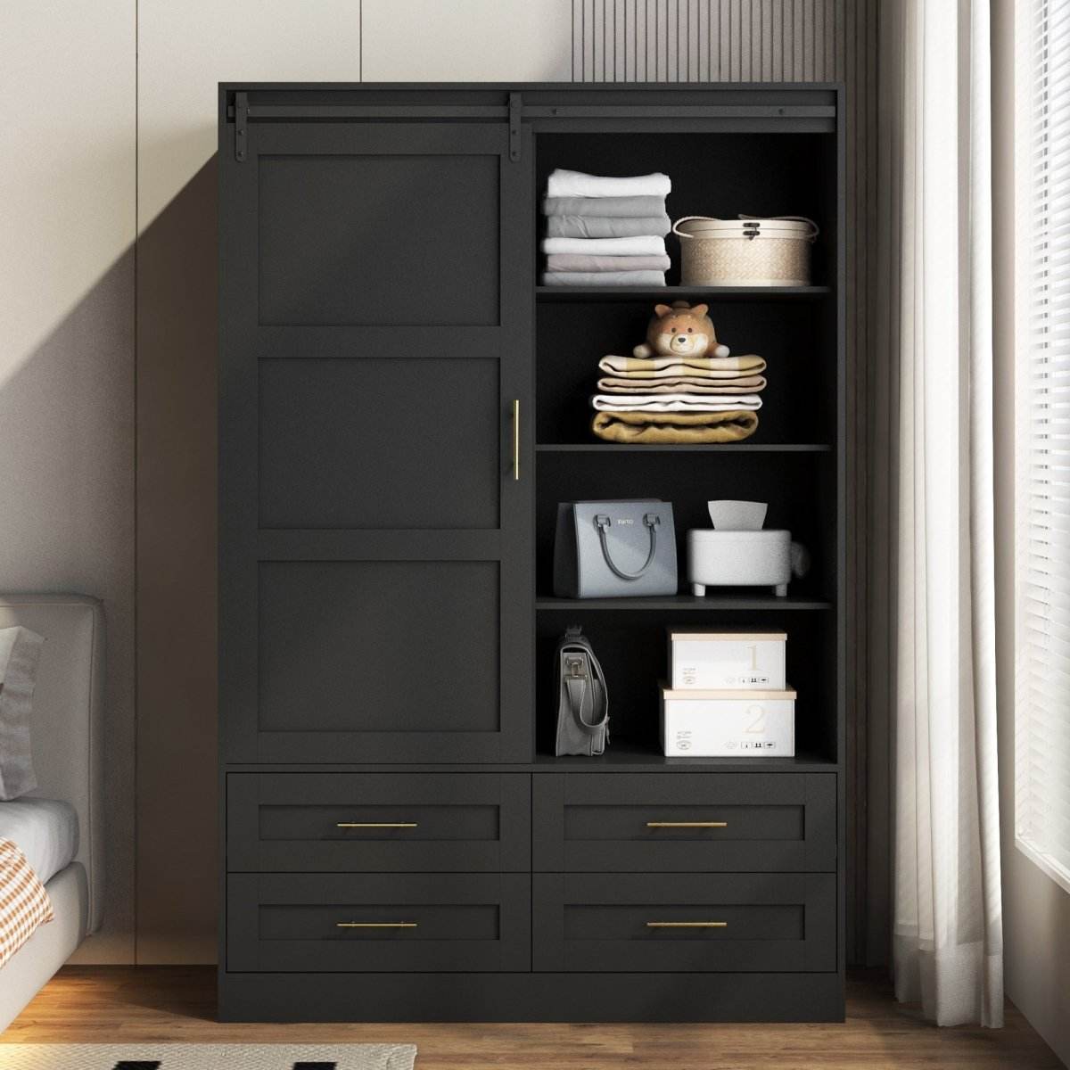 Black MDF Sliding Barn Door Armoire Wardrobe Cabinet - Sleep Galleria