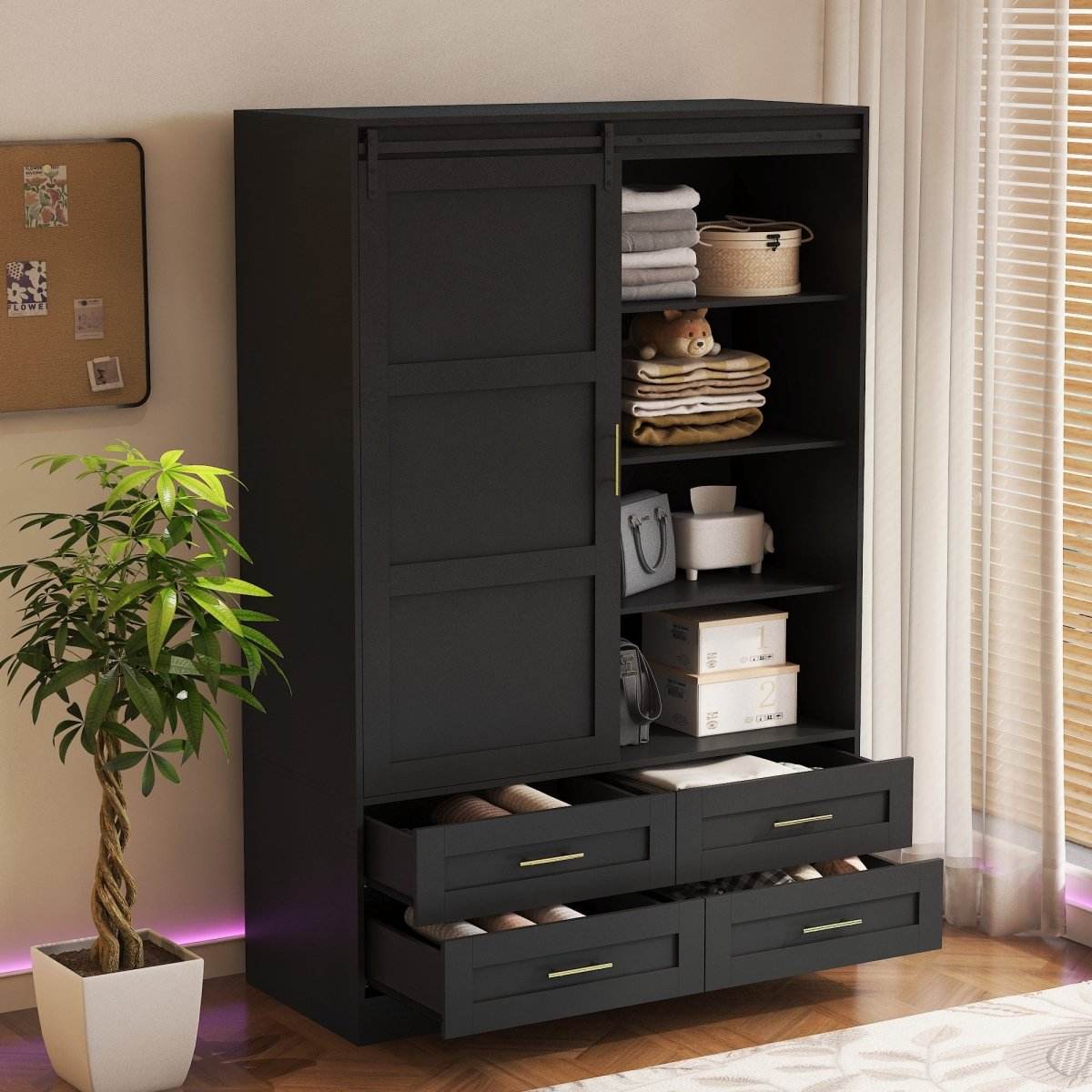 Black MDF Sliding Barn Door Armoire Wardrobe Cabinet - Sleep Galleria