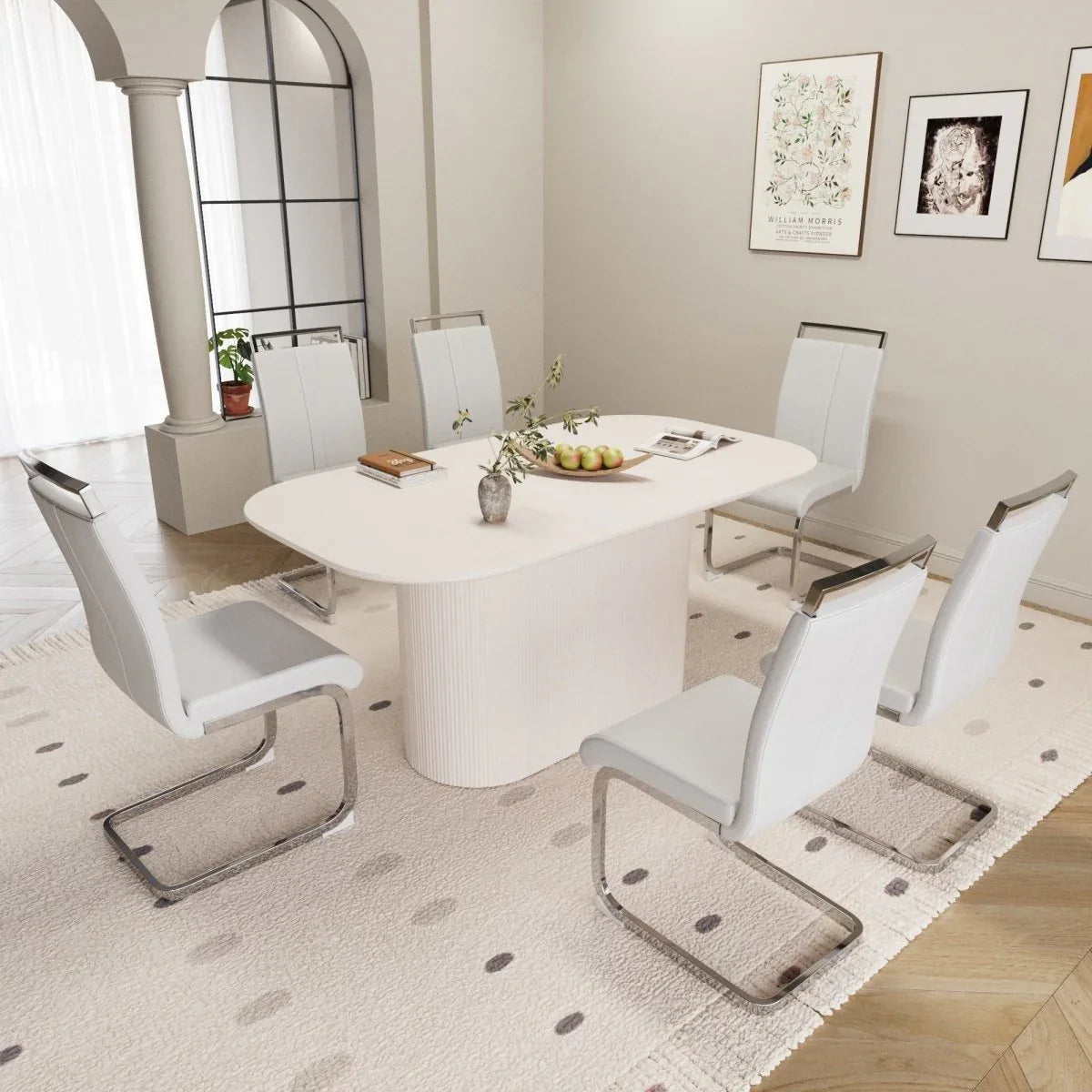Creamy White MDF 7-Piece Modern Dining Table Chair Set - Omega Lifestyles