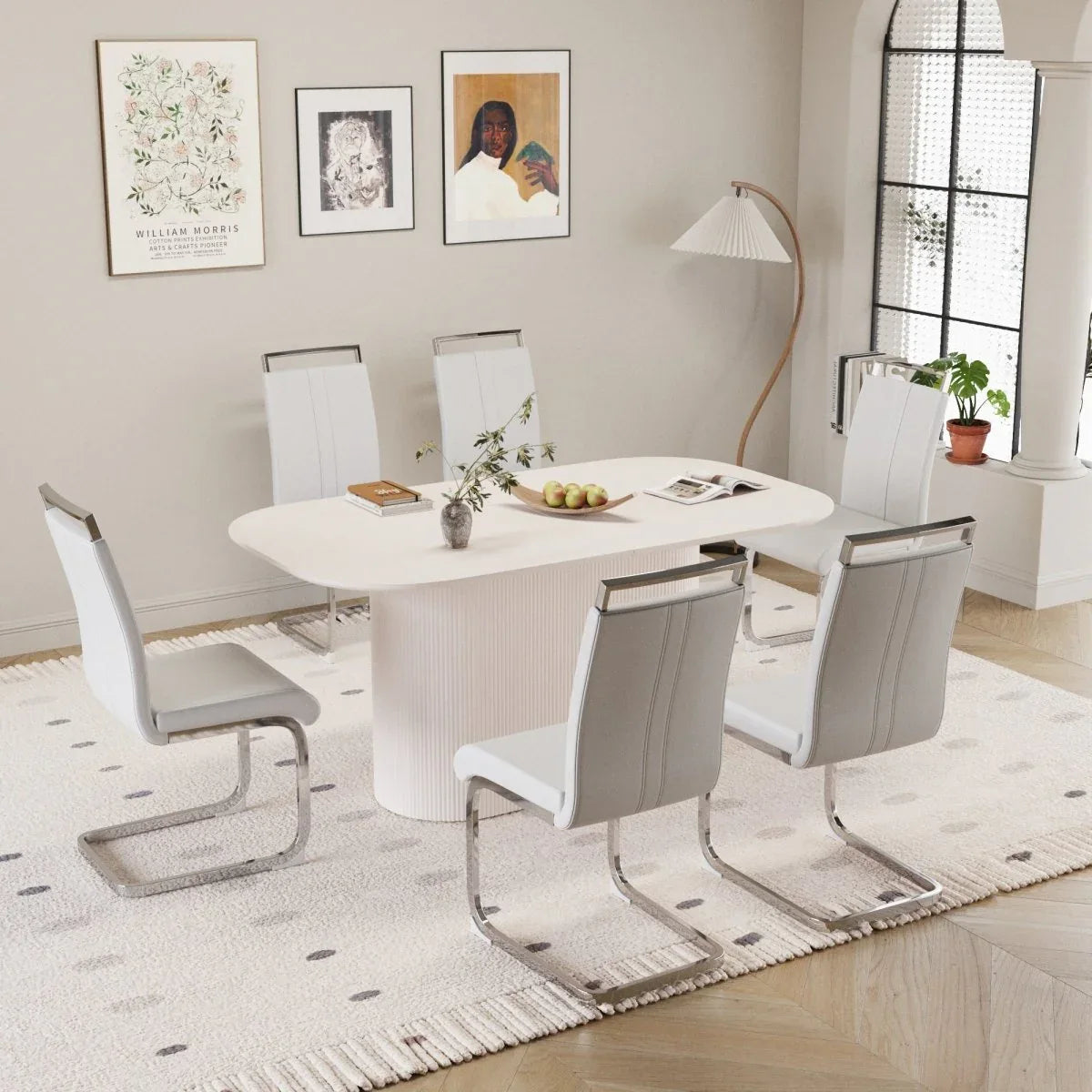 Creamy White MDF 7-Piece Modern Dining Table Chair Set - Omega Lifestyles