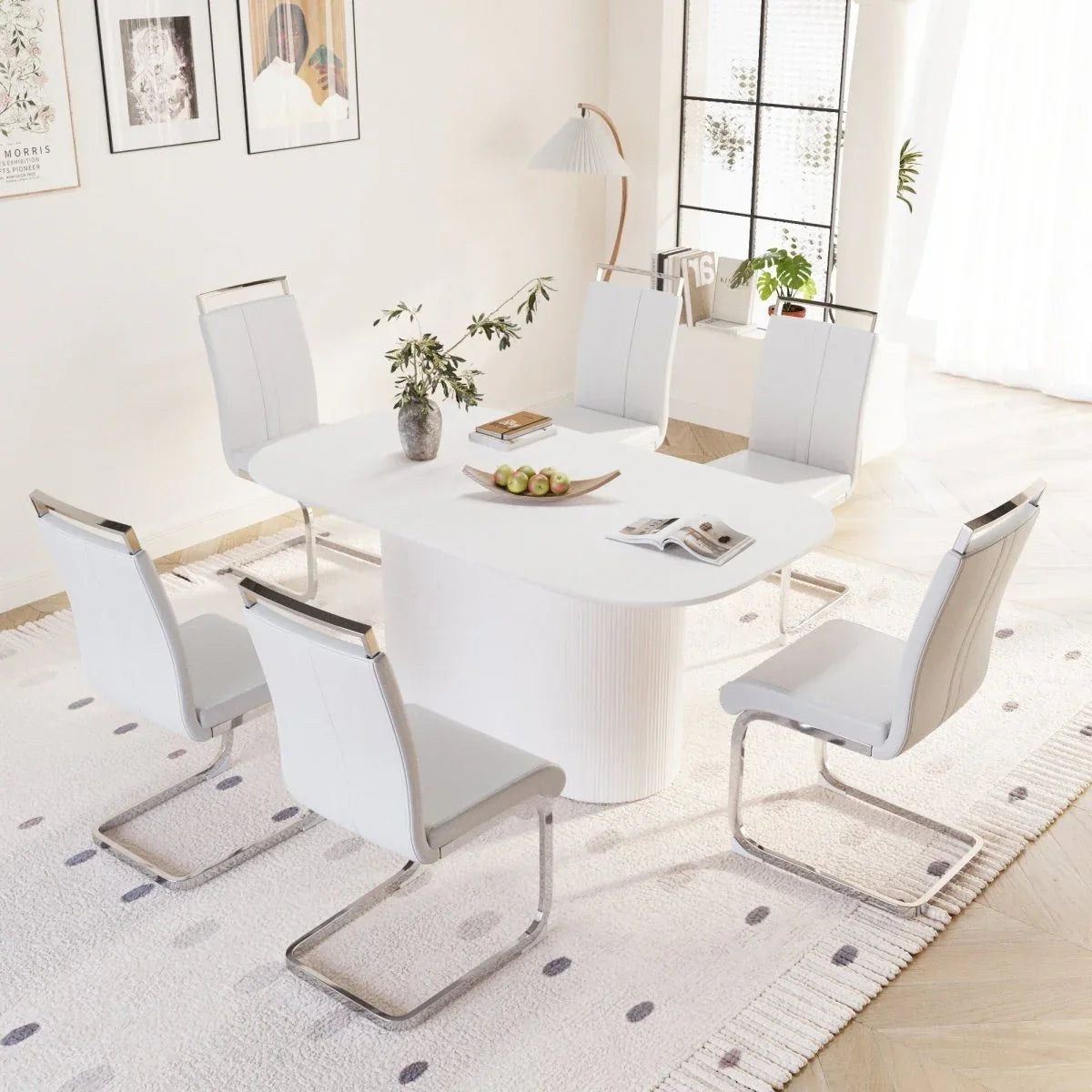 Creamy White MDF 7-Piece Modern Dining Table Chair Set - Omega Lifestyles