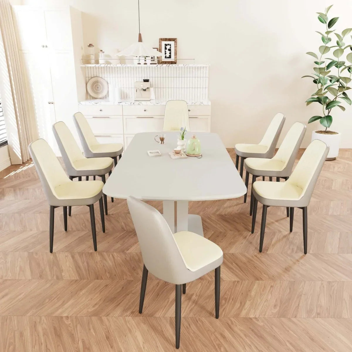 Expandable MDF Dining Table With Eight PU Fabric Chairs Set - Omega Lifestyles