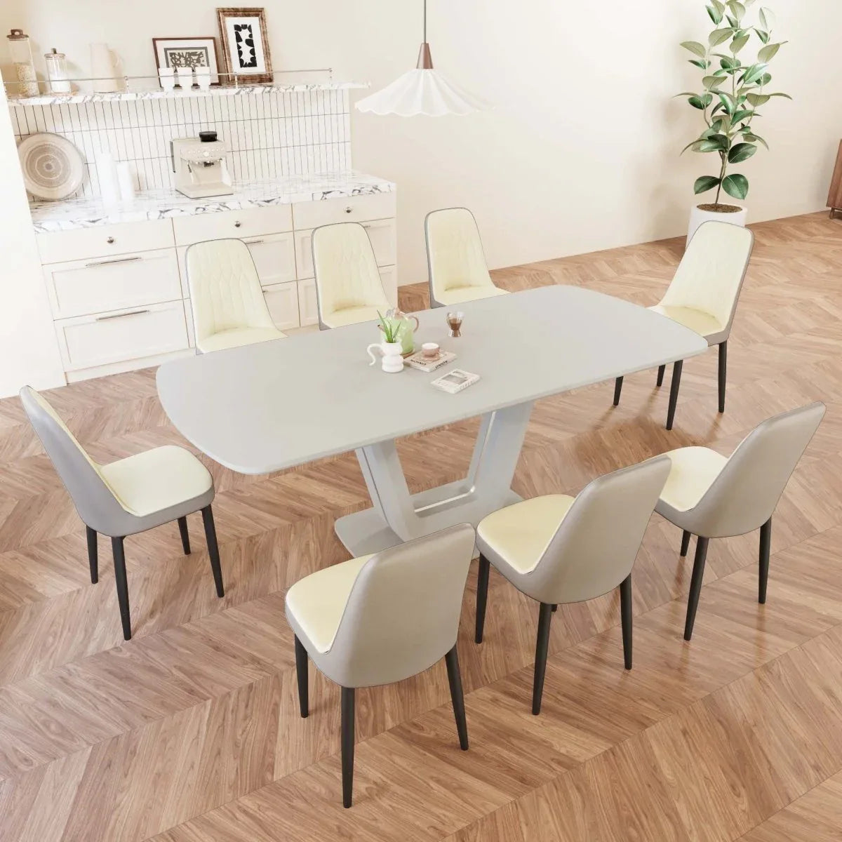 Expandable MDF Dining Table With Eight PU Fabric Chairs Set - Omega Lifestyles