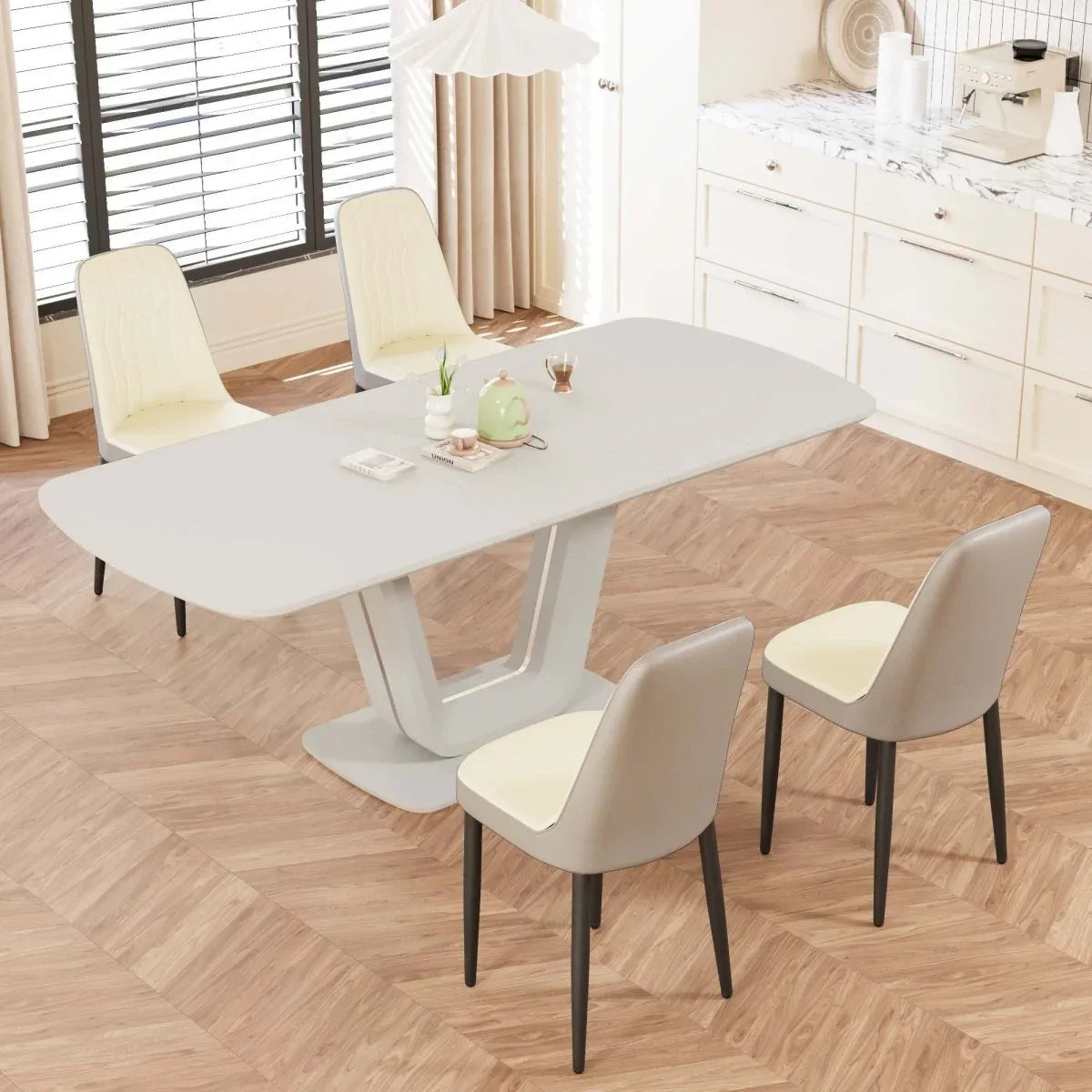 Expandable Modern MDF Dining Table With 4 PU Chairs Set - Omega Lifestyles