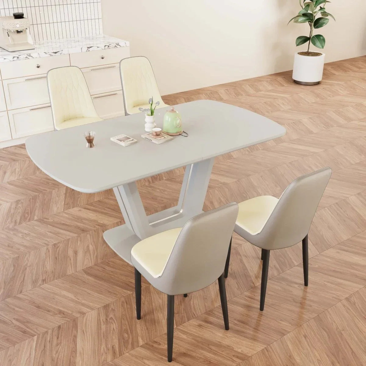 Expandable Modern MDF Dining Table With 4 PU Chairs Set - Omega Lifestyles