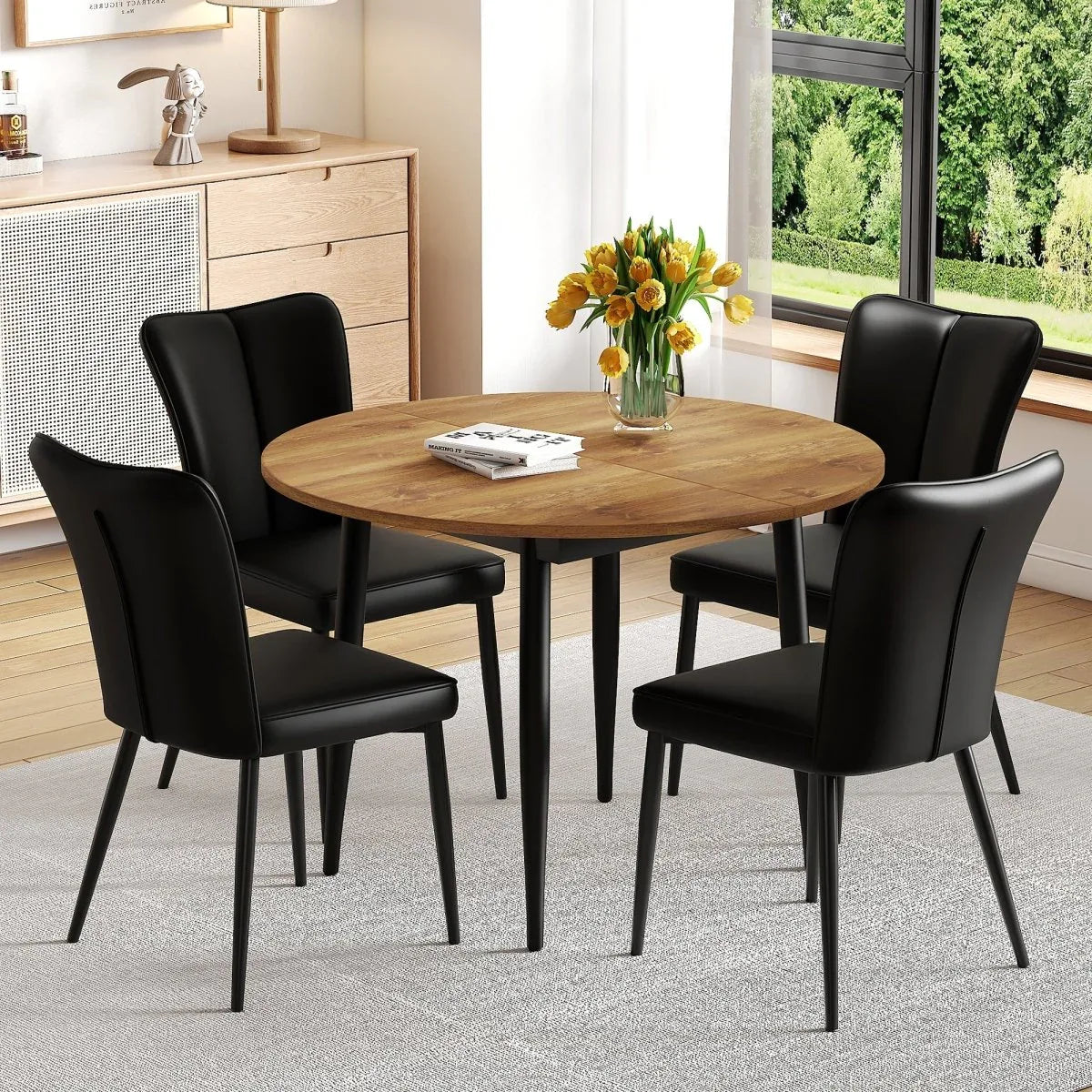 Extendable Round MDF Dining Table With Four PU Chairs - Omega Lifestyles