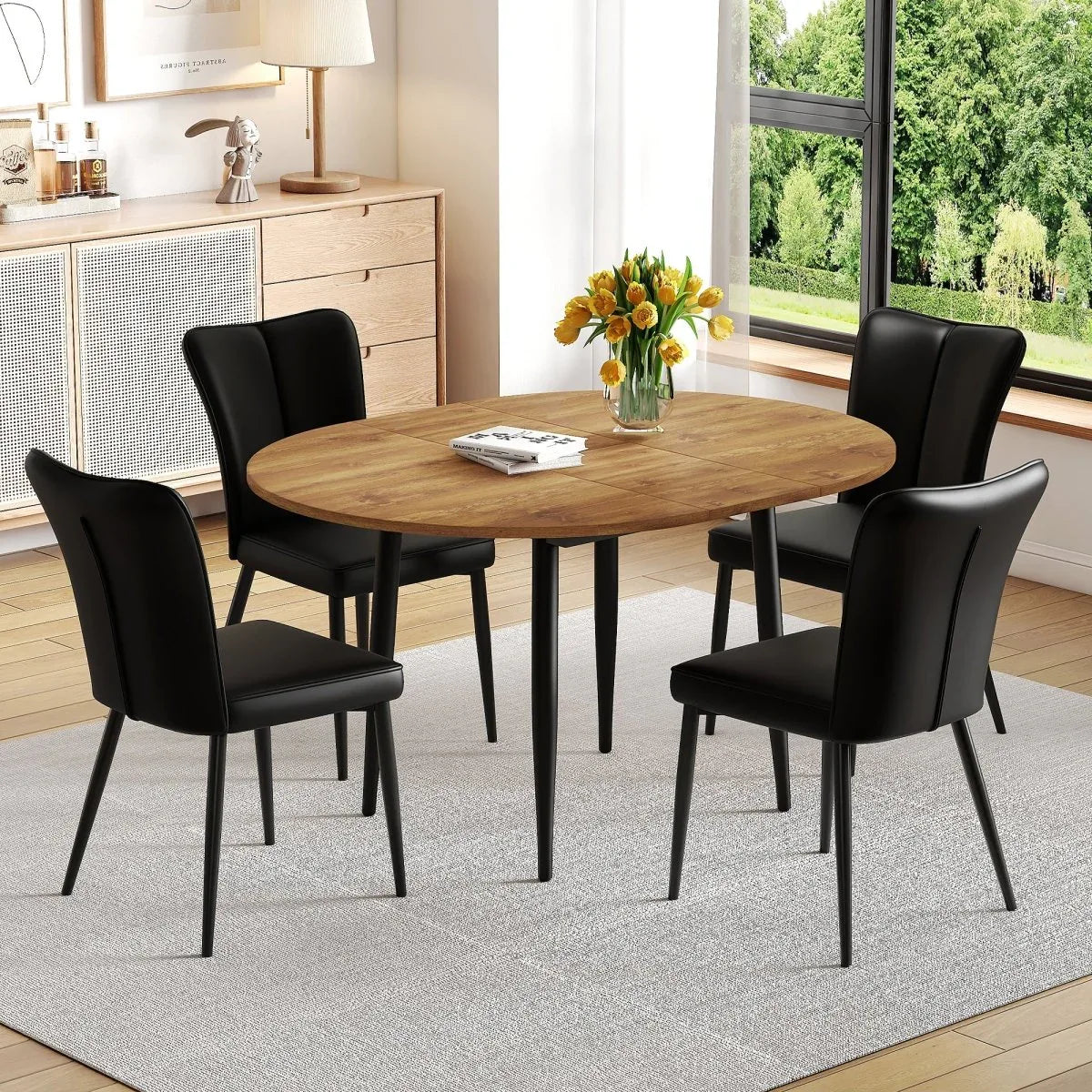 Extendable Round MDF Dining Table With Four PU Chairs - Omega Lifestyles