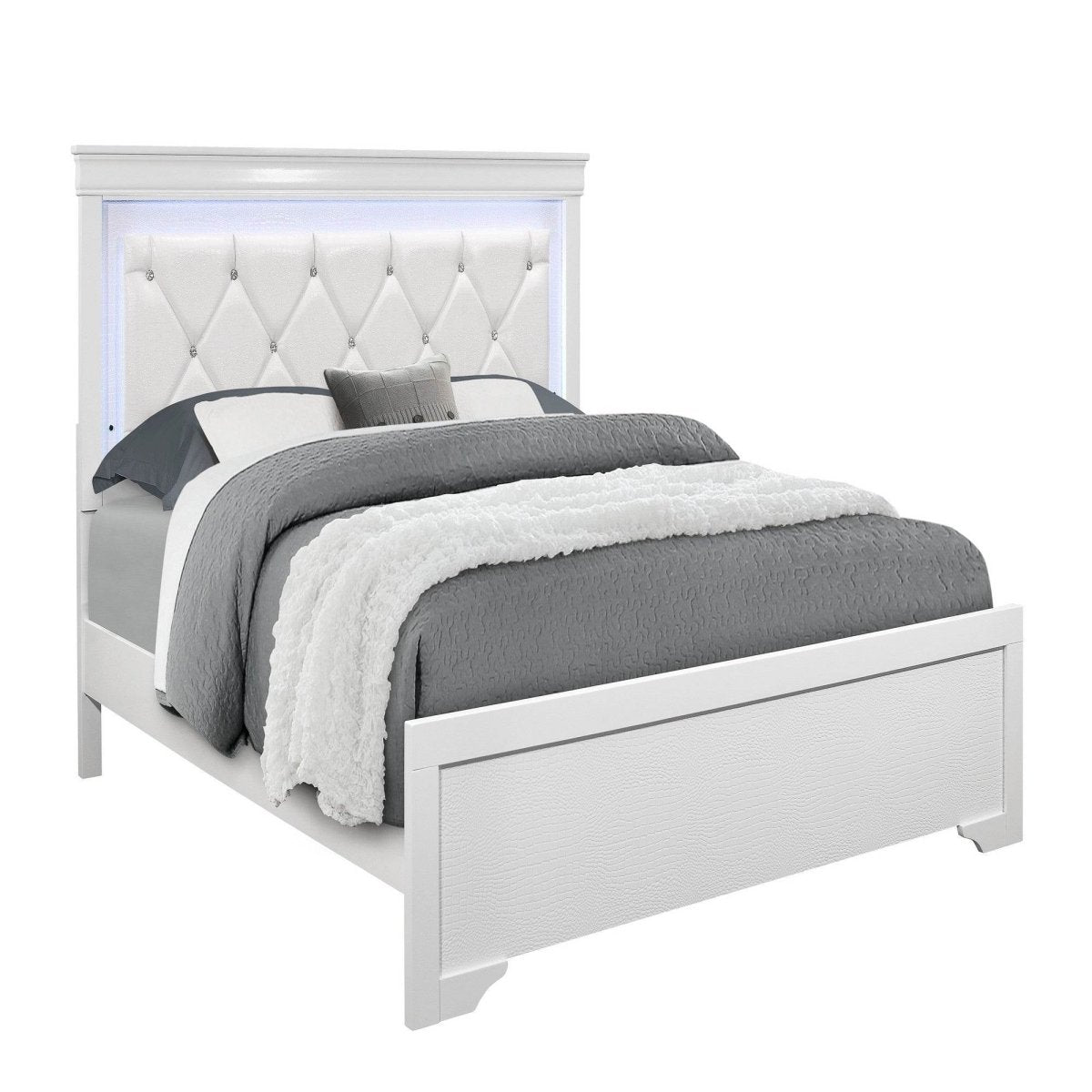 Full Panel Bed With Crystal Tufted Padded Headboard And LED Lighting - Restanew - Omega Lifestyles