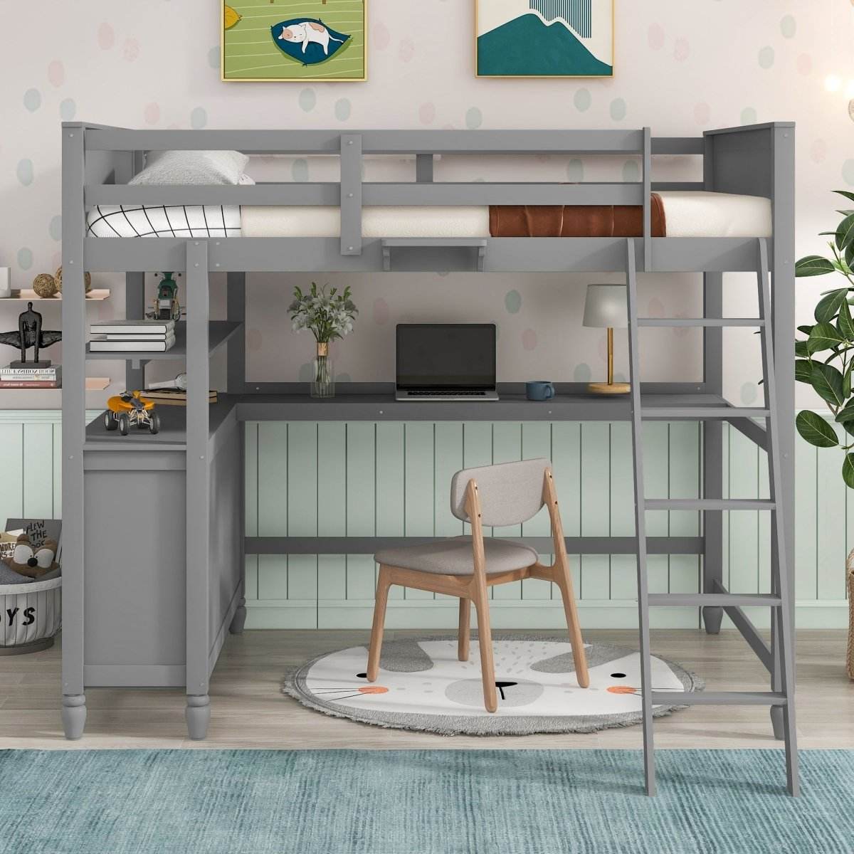 Full Size Gray Solid Wood Loft Bed With Desk and Drawers - Sleep Galleria