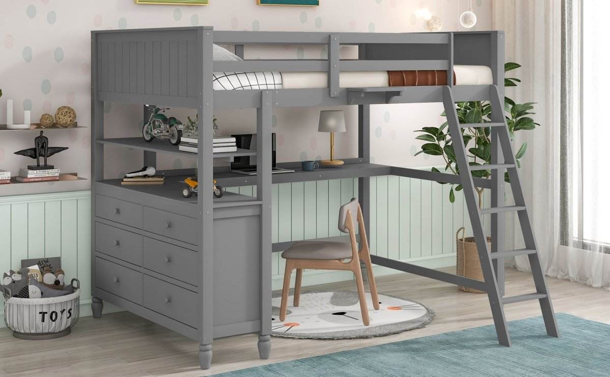 Full Size Gray Solid Wood Loft Bed With Desk and Drawers - Sleep Galleria