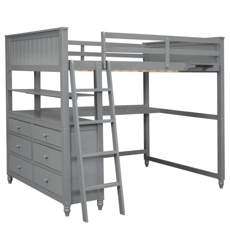 Full Size Gray Solid Wood Loft Bed With Desk and Drawers - Sleep Galleria