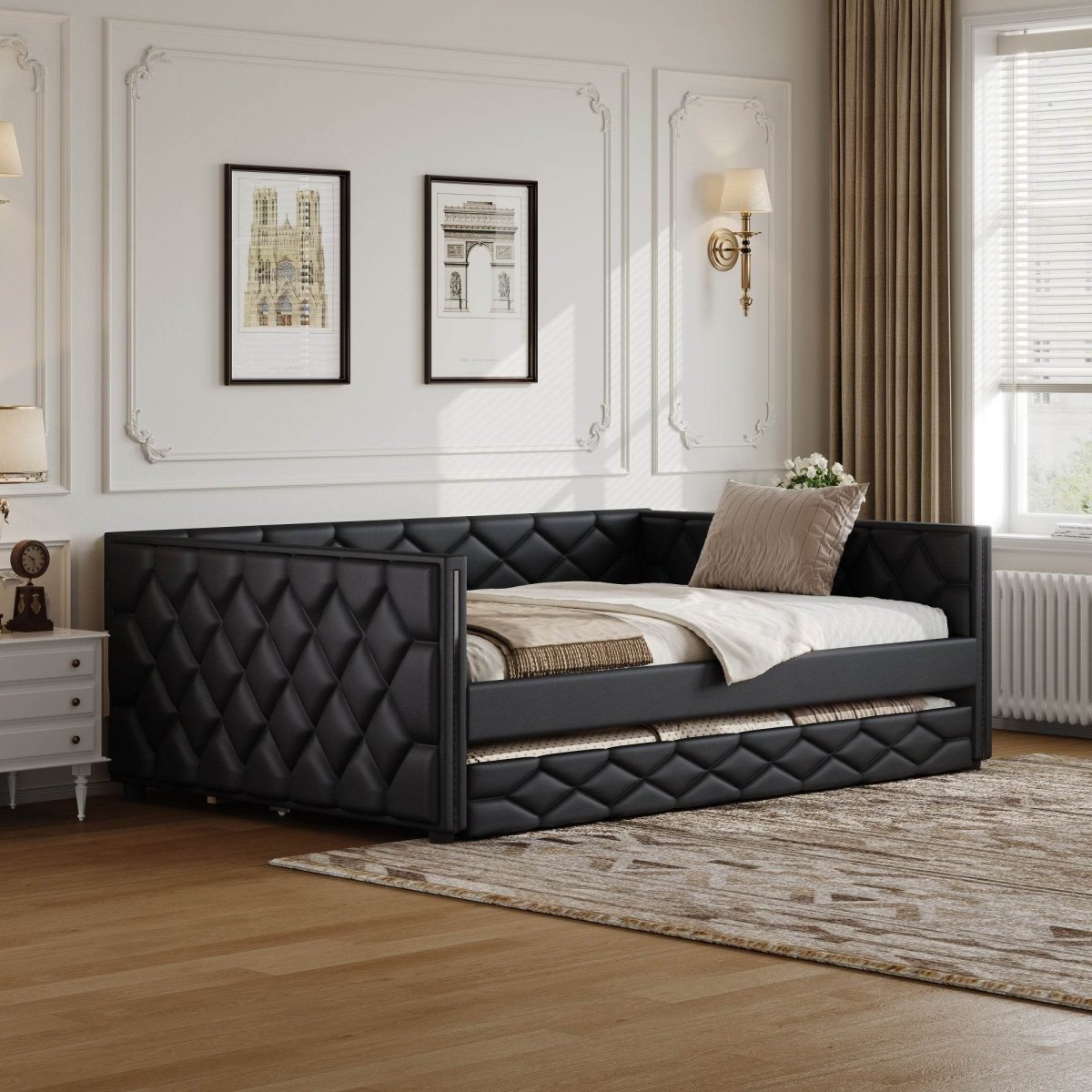 Full XL Upholstered Daybed With Trundle And LED Lighting - Restanew - Omega Lifestyles