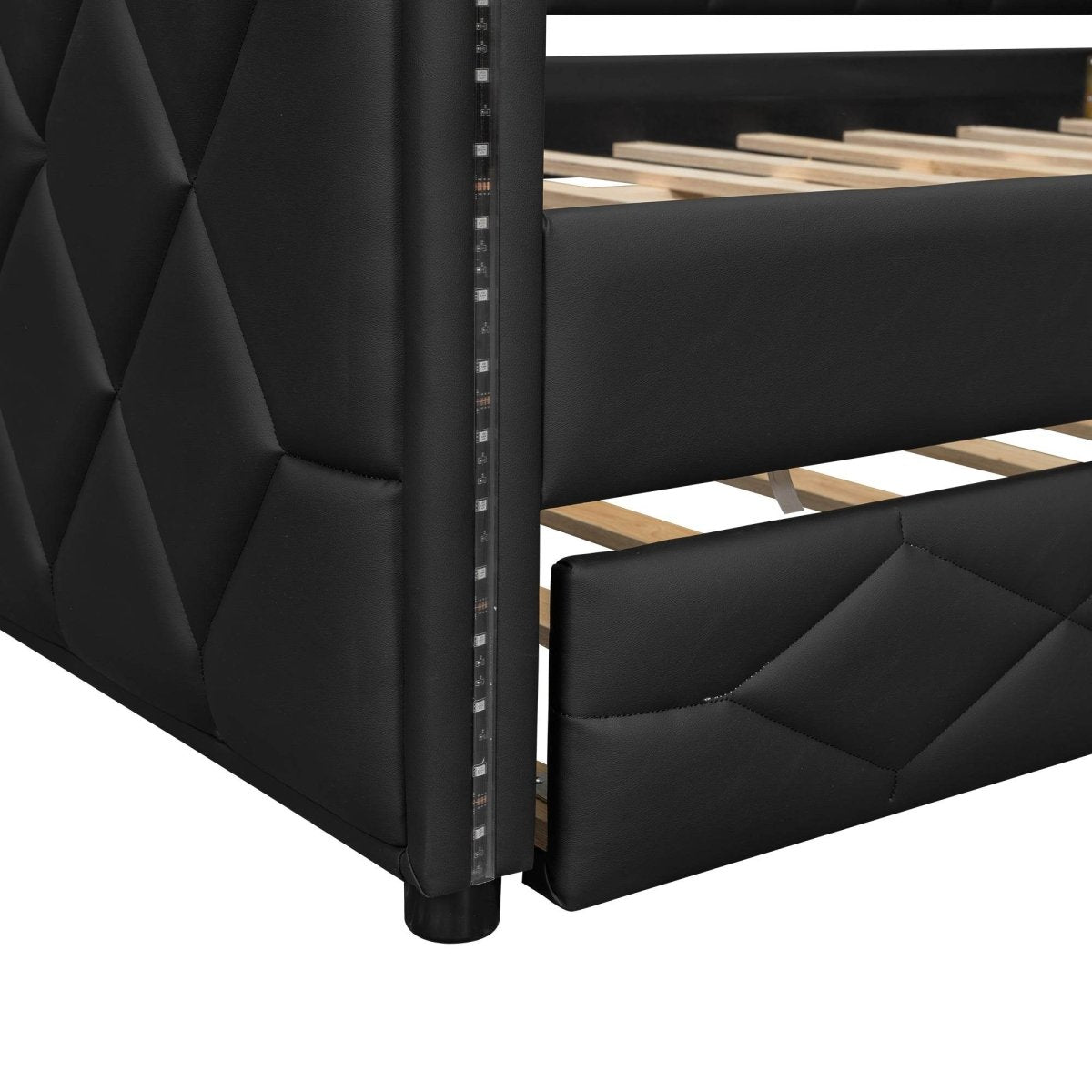 Full XL Upholstered Daybed With Trundle And LED Lighting - Restanew - Omega Lifestyles