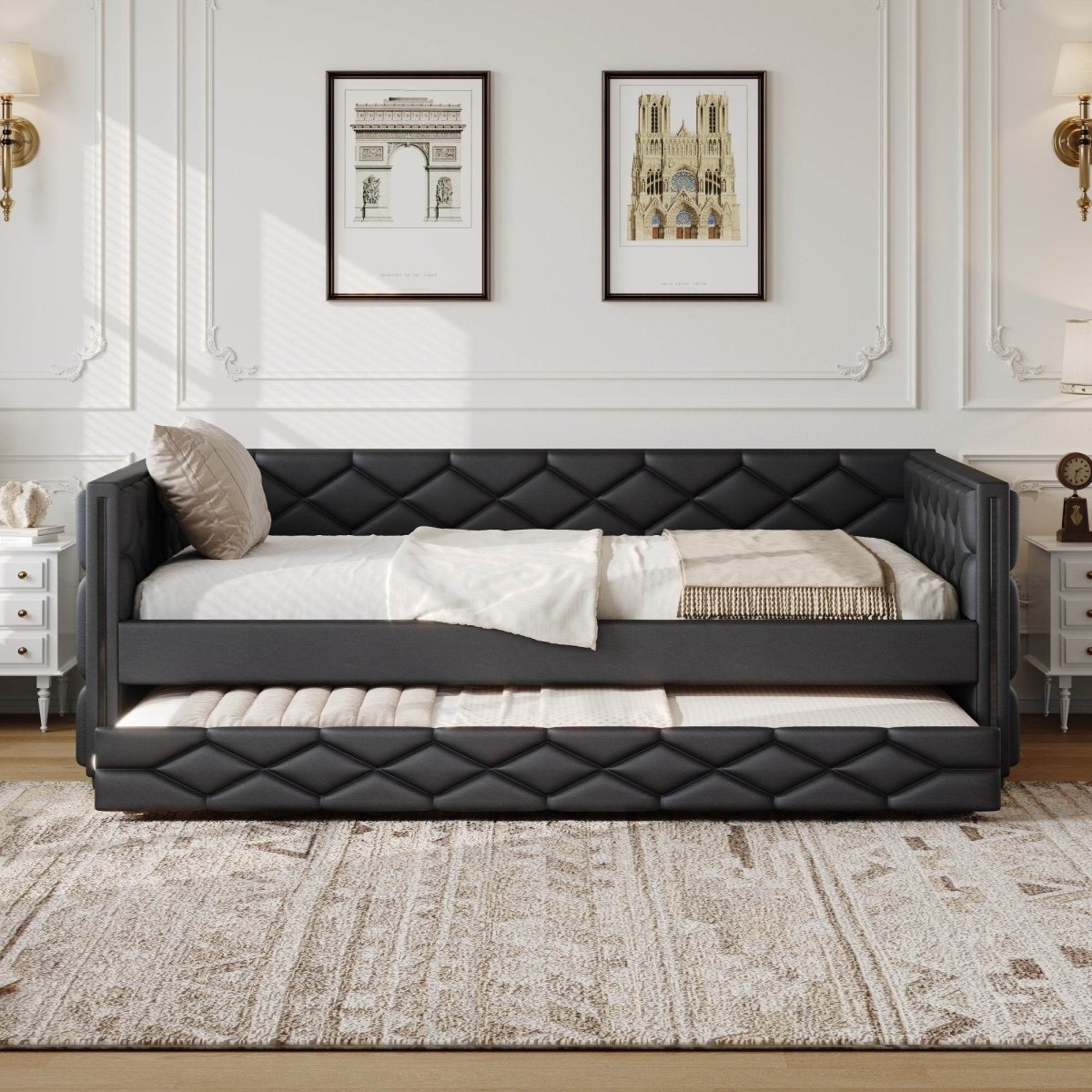 Full XL Upholstered Daybed With Trundle And LED Lighting - Restanew - Omega Lifestyles