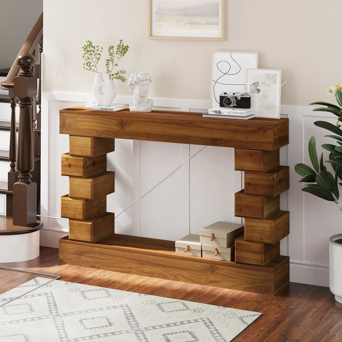 Geometric Block Stacked Wood Rectangular Console Table - Omega Lifestyles