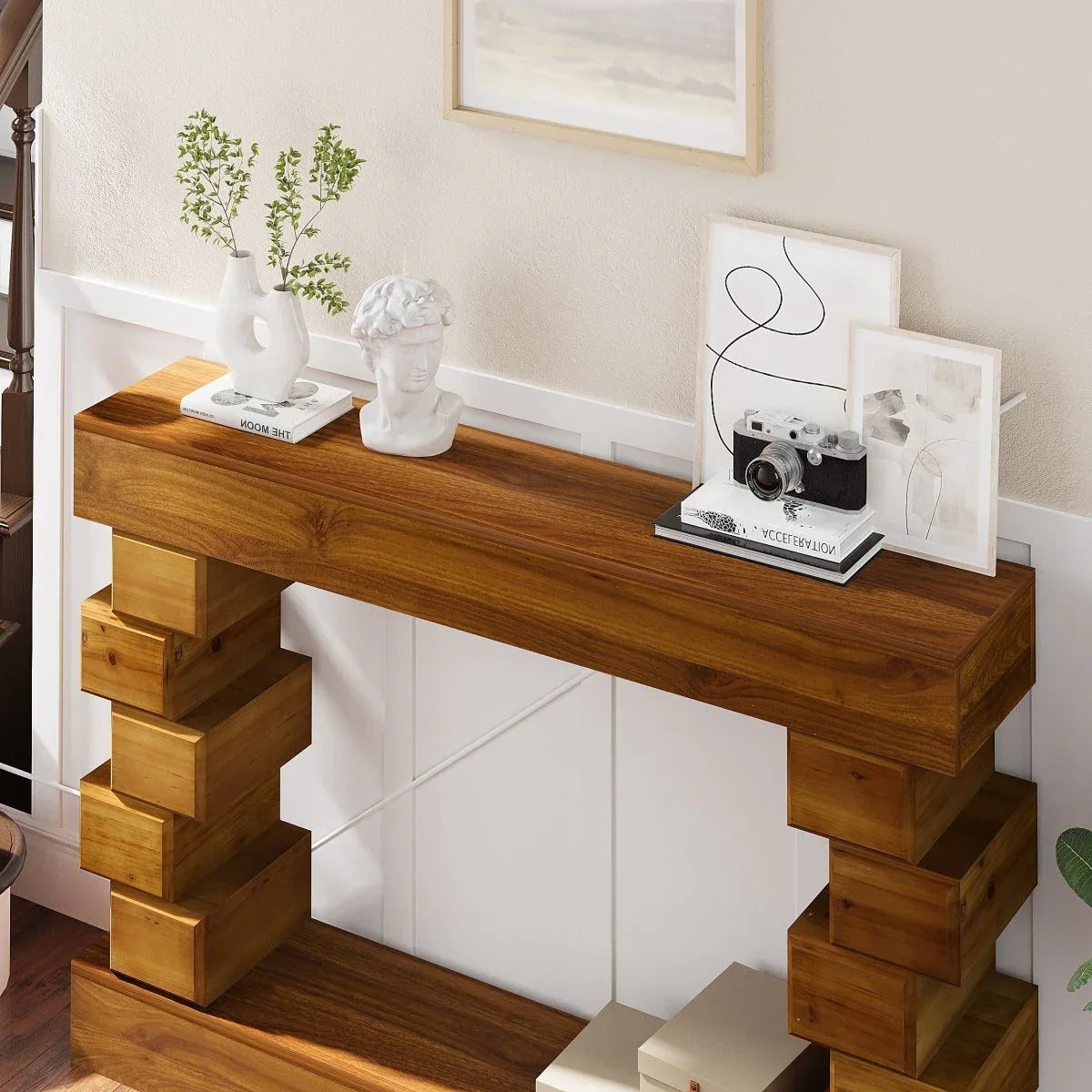 Geometric Block Stacked Wood Rectangular Console Table - Omega Lifestyles